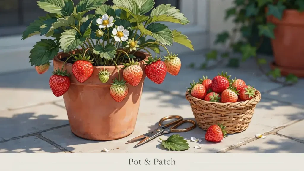 Ripe red strawberries ready for harvest from a container-grown plant beside a basket of freshly picked berries.