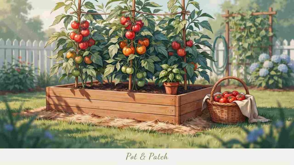 Ripe cherry and slicing tomatoes ready for harvest from supported plants in a wooden raised bed.