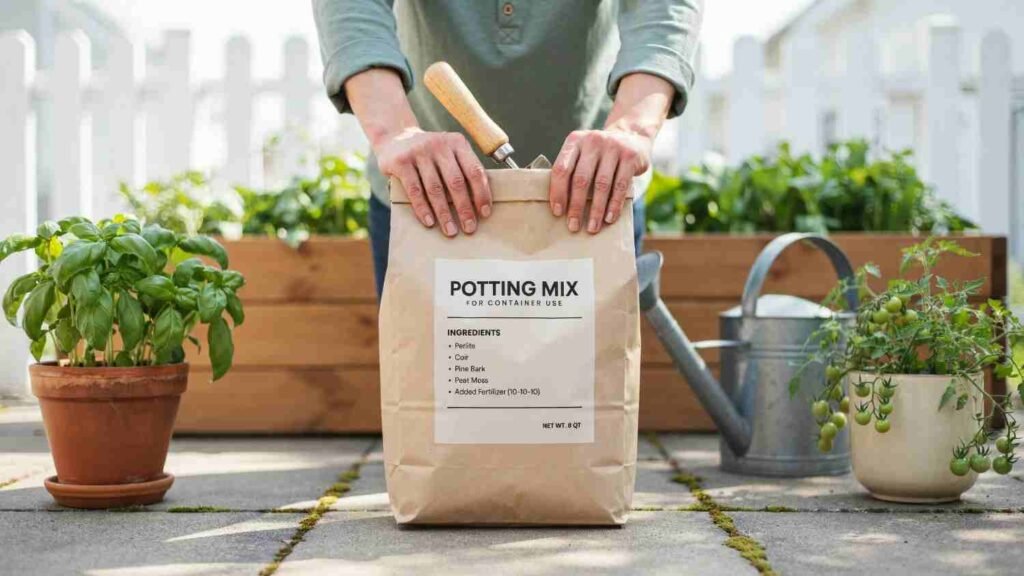 Best Soil for Container Gardening: Easy Potting Mix Guide 5 Gardener reading the label on a bag of potting mix to check ingredients for container plants.