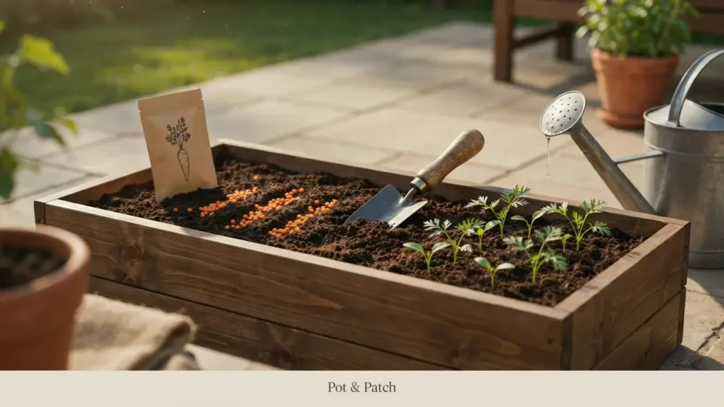 Carrot seeds being direct-sown into a deep container filled with loose potting mix