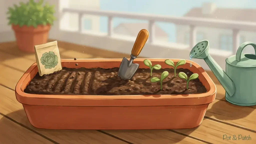 Growing Lettuce in Containers: Complete Guide for Beginners 4 Lettuce seeds being sown in a wide shallow container filled with potting mix