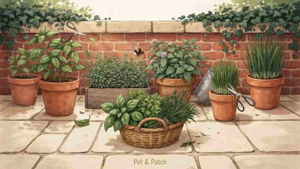 Herb Gardening for Beginners: Simple Guide to Get Started 8 Fresh basil, thyme, oregano, and chives being harvested carefully from healthy herb plants