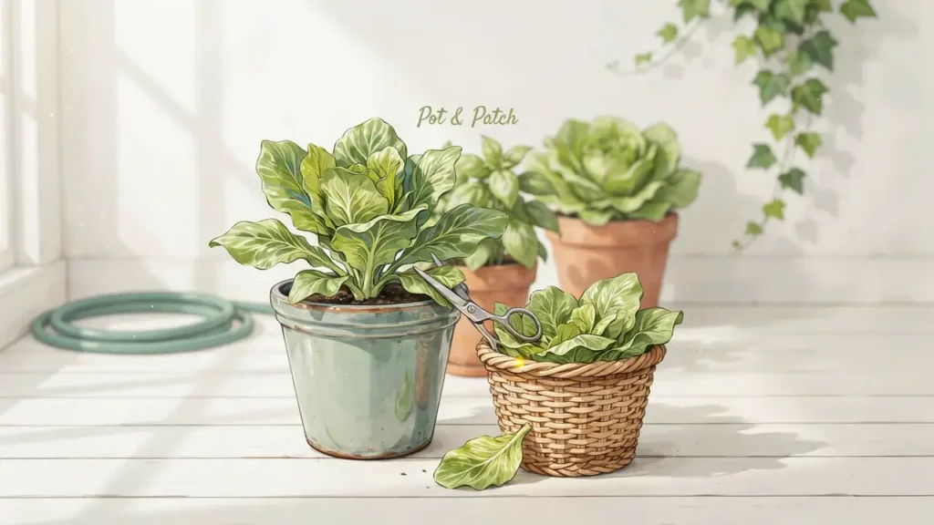 Growing Lettuce in Containers: Complete Guide for Beginners 7 Outer lettuce leaves being harvested from a container while the center continues growing