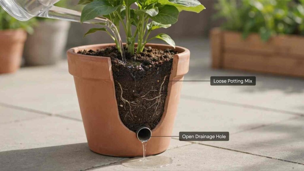 Best Soil for Container Gardening: Easy Potting Mix Guide 8 Water draining from a container filled with loose potting mix through an open drainage hole.
