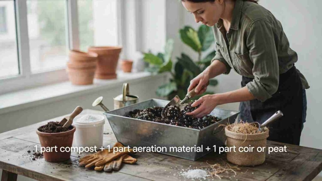 Best Soil for Container Gardening: Easy Potting Mix Guide 7 Compost, perlite, and coconut coir being mixed together to make homemade potting mix for containers.