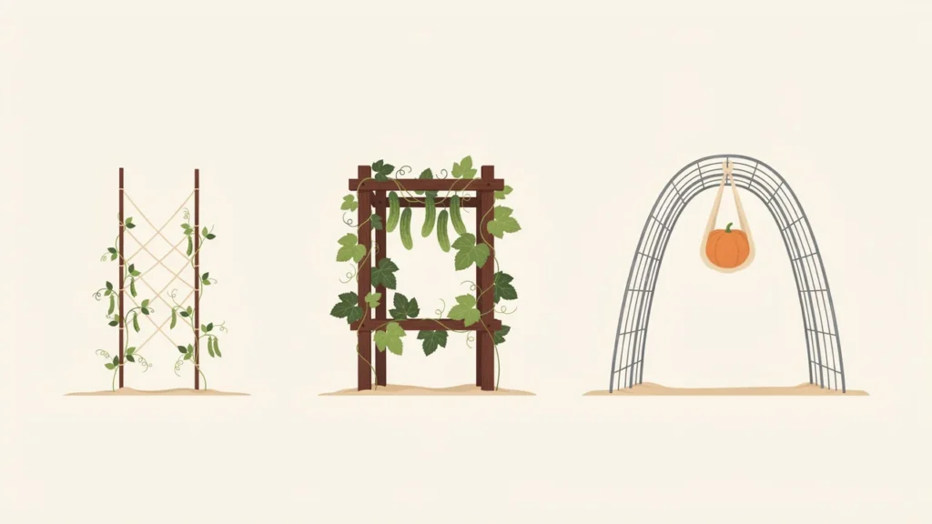 Vertical Vegetable Garden: Ideas, Best Crops & Setup Tips 5 Three vertical supports of increasing strength holding peas, cucumbers, and a slung squash