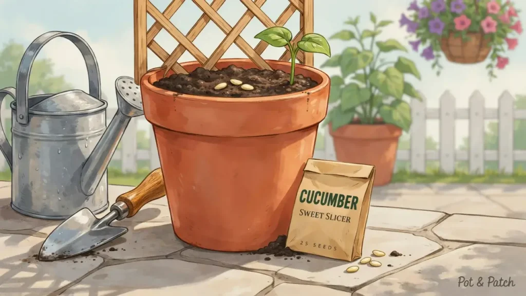 Growing Cucumbers in Containers: Complete Beginner Guide 4 Cucumber seeds being planted in a large container with a trellis ready for vine growth