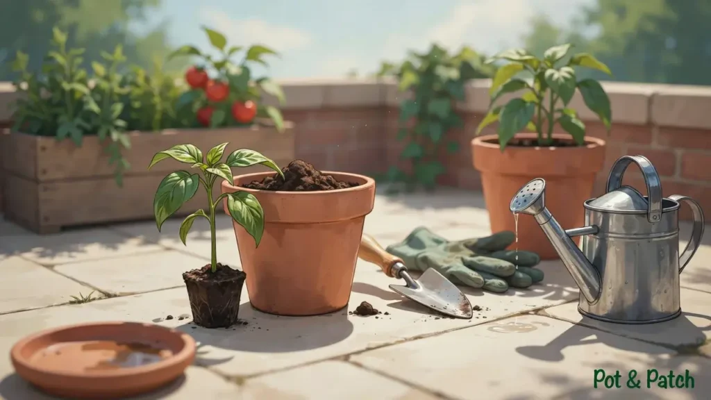 Growing Peppers in Containers: Complete Beginner Guide 4 Young pepper seedling being transplanted into a large container filled with potting mix