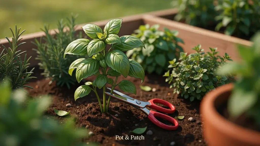 Herb Gardening for Beginners: Simple Guide to Get Started 7 Basil being pinched above a leaf pair with healthy pruned perennial herbs nearby