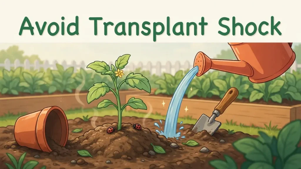 Cartoon illustration showing a newly transplanted tomato seedling being watered gently