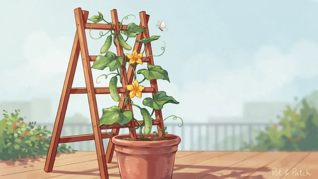 Growing Cucumbers in Containers: Complete Beginner Guide 6 Cucumber vine using tendrils to climb a vertical trellis from a container