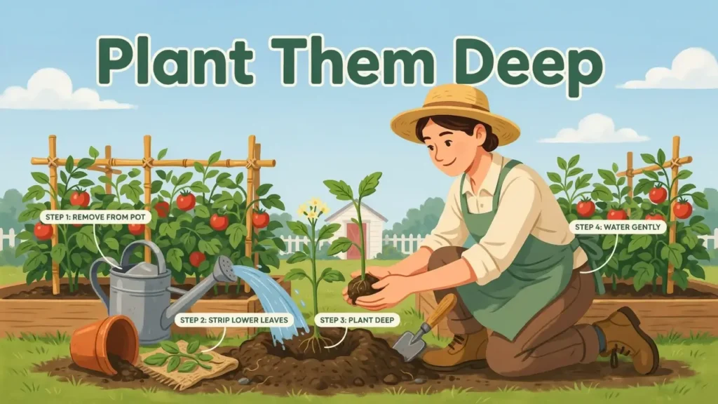 Cartoon illustration of a gardener planting a tomato seedling deeply in soil
