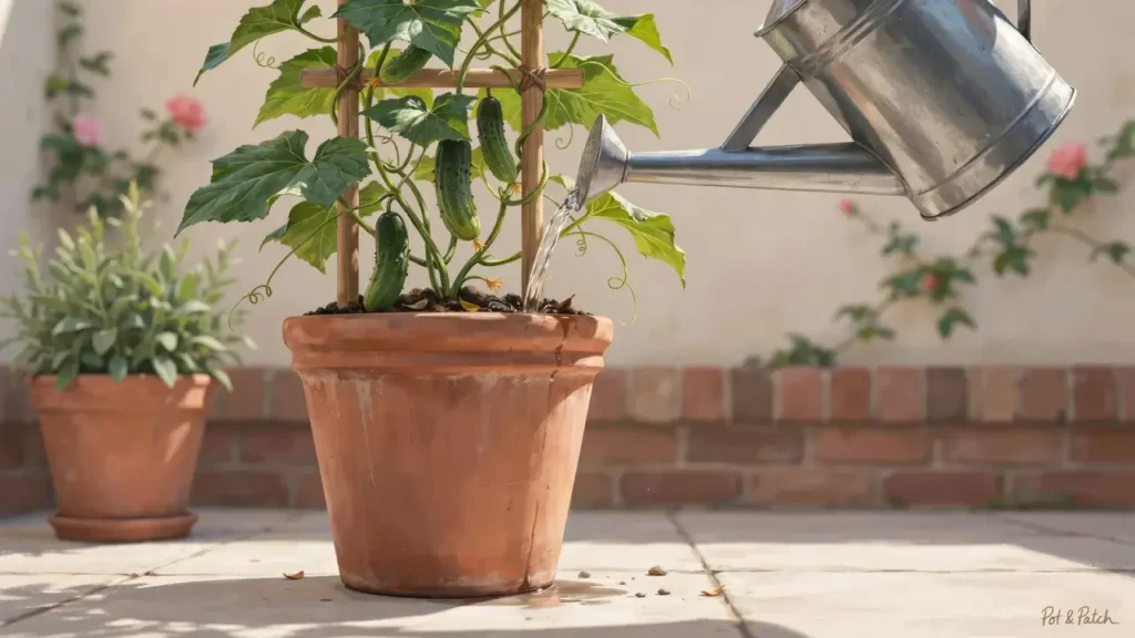 Growing Cucumbers in Containers: Complete Beginner Guide 5 Container cucumber plant being watered deeply at soil level while growing on a trellis