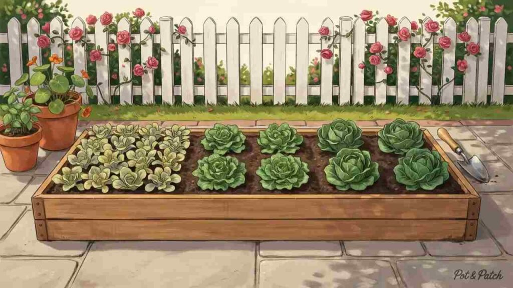Growing Lettuce in Containers: Complete Guide for Beginners 5 Baby greens, loose-leaf lettuce, and mature heads shown at different spacing in a container