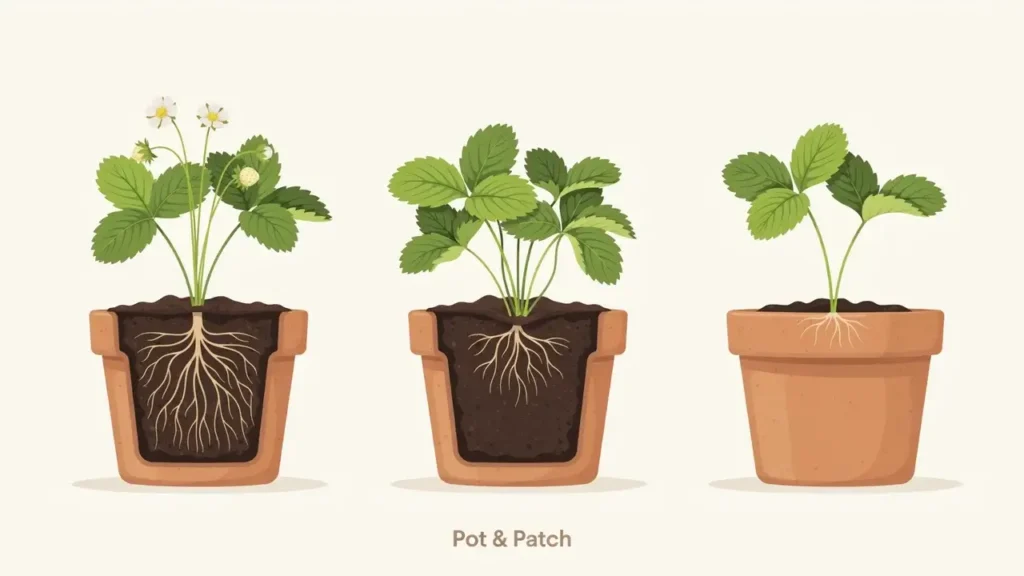 Correct strawberry crown planting depth compared with crowns buried too deeply or planted too shallowly.