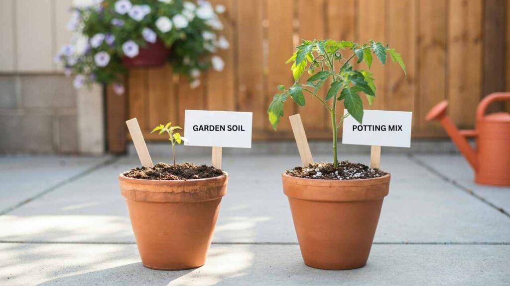 Best Soil for Container Gardening: Easy Potting Mix Guide 3 Side-by-side comparison of dense garden soil and lightweight potting mix in containers.
