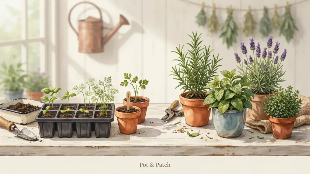 Herb Gardening for Beginners: Simple Guide to Get Started 5 Herbs started from seeds beside established nursery herb plants ready for planting