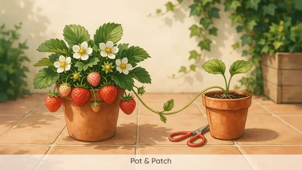Strawberry mother plant producing a runner that connects to a young daughter plant rooting in a separate pot.