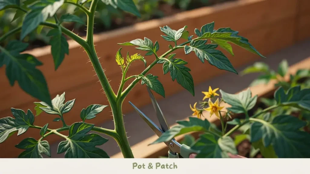 Small tomato sucker growing between the main stem and leaf branch of an indeterminate tomato plant.