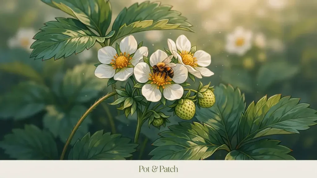 Bee visiting white strawberry flowers beside small developing green berries.