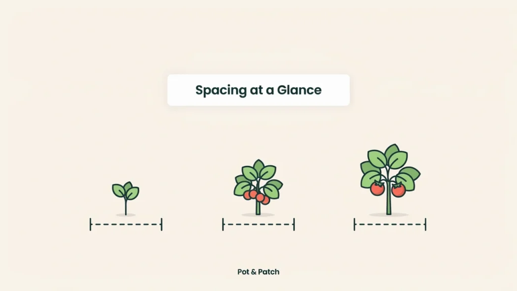 How Far Apart to Plant Tomatoes: Spacing Chart & Tips 2 Chart-style diagram showing tomato spacing distances for bush and vining types