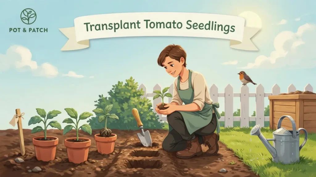When to Transplant Tomato Seedlings: Step-by-Step Guide 12 Tomato seedlings being transplanted into garden soil in a cartoon garden scene