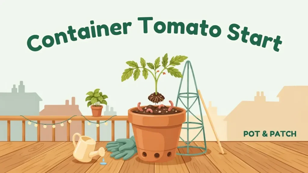 Cartoon illustration of a tomato seedling being transplanted into a large container