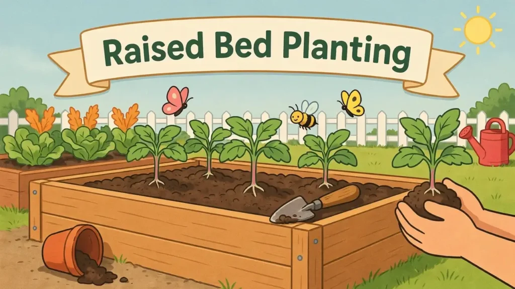 Cartoon illustration of tomato seedlings being transplanted into a raised bed