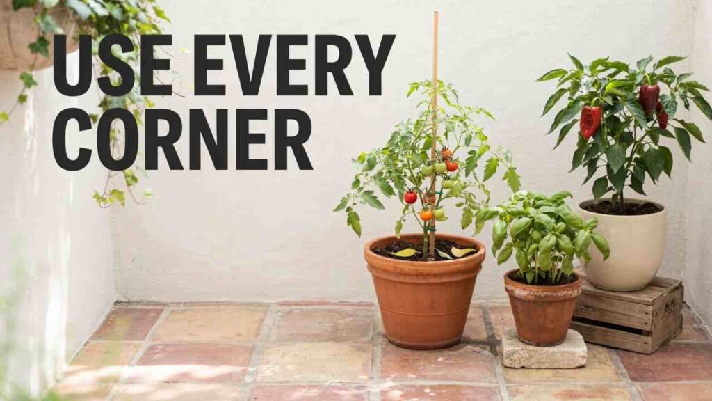 17 Container Garden Ideas for Small Spaces | Pot & Patch 3 Three-pot container garden with tomato, pepper, and basil plants arranged in a small patio corner.