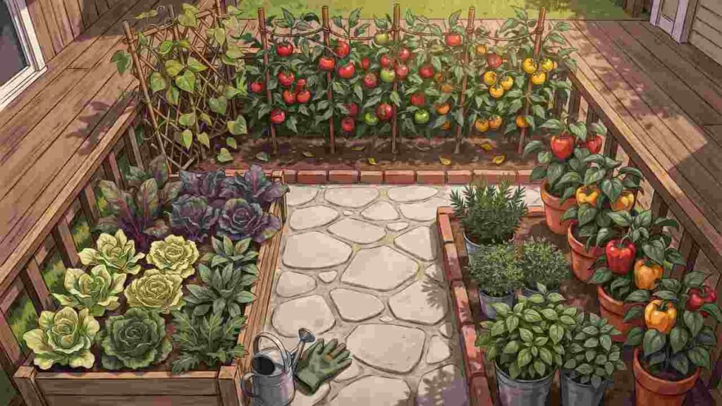 U-shaped patio vegetable garden with tomatoes, trellised crops, peppers, herbs, and leafy greens
