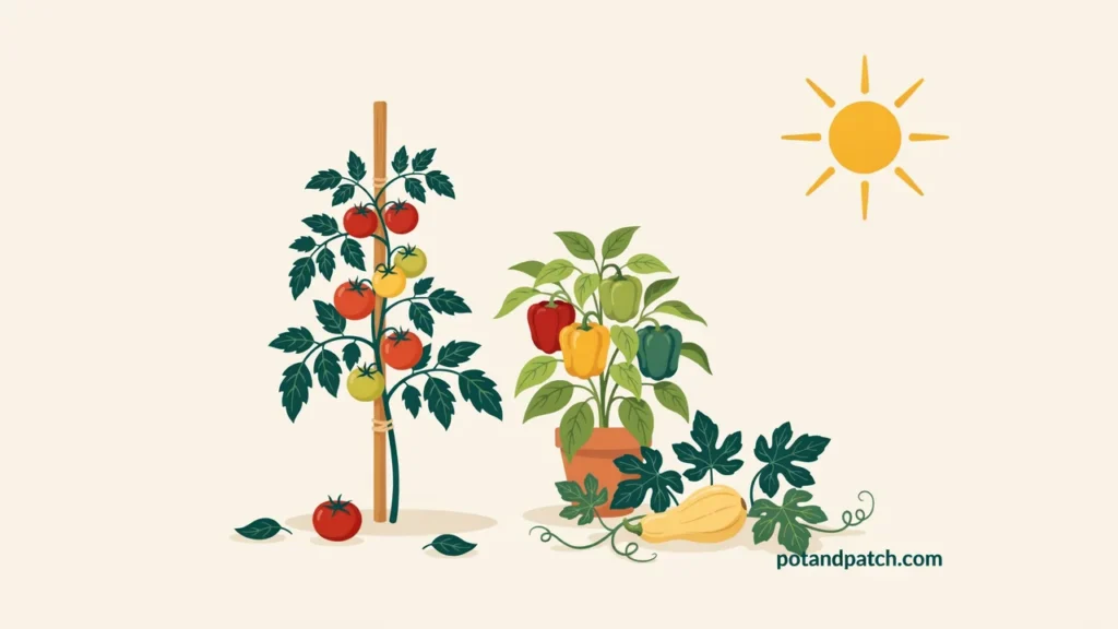 Vegetables That Grow in Shade: What to Plant in Low Light 4 Tomatoes, peppers, and squash growing in full sun, crops that need bright light