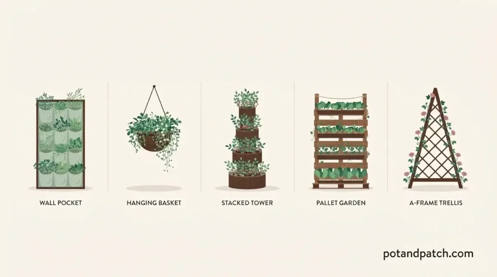 Vertical Vegetable Garden: Ideas, Best Crops & Setup Tips 4 A grid of vertical garden structures including wall planters, a tower, a pallet garden, and a trellis