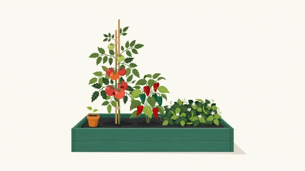What to Plant in a Raised Garden Bed: Best Vegetables by Type 4 Staked tomato plants, peppers, and bush beans in a raised vegetable bed