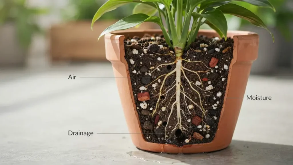 Best Soil for Container Gardening: Easy Potting Mix Guide 2 Healthy container plant growing in loose potting mix with visible roots, air spaces, moisture, and good drainage.