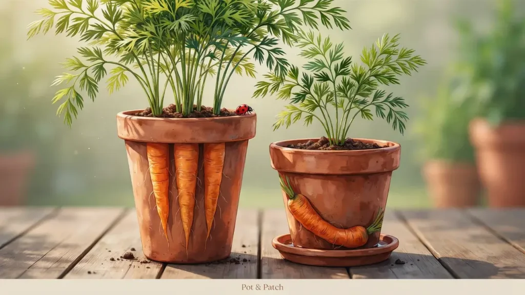 Deep and shallow containers showing how pot depth affects carrot root growth