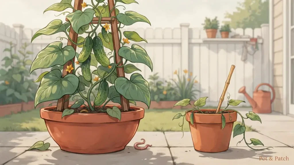Growing Cucumbers in Containers: Complete Beginner Guide 2 Cucumber plant growing in a large stable container with a trellis