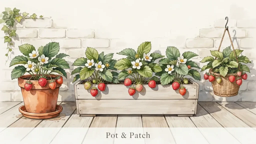 Strawberry plants growing in a round pot, wide rectangular planter, and hanging basket.