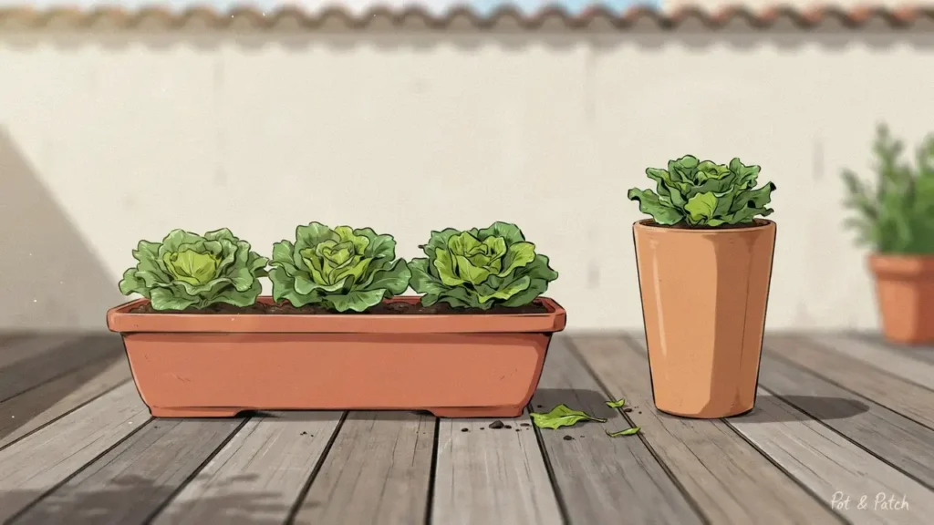 Growing Lettuce in Containers: Complete Guide for Beginners 2 Loose-leaf lettuce growing in a wide shallow container suited to its root system