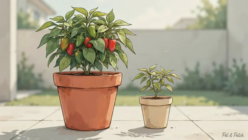 Growing Peppers in Containers: Complete Beginner Guide 2 Pepper plant growing in a large container with enough space for healthy root growth