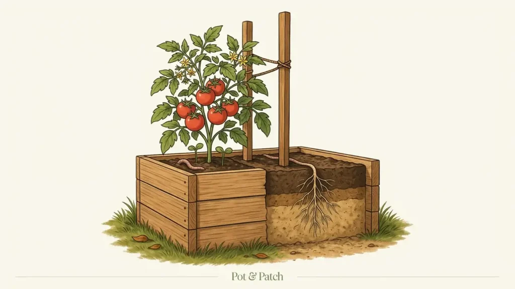 Tomato roots growing through raised-bed soil and extending into the native ground beneath an open-bottom raised bed.