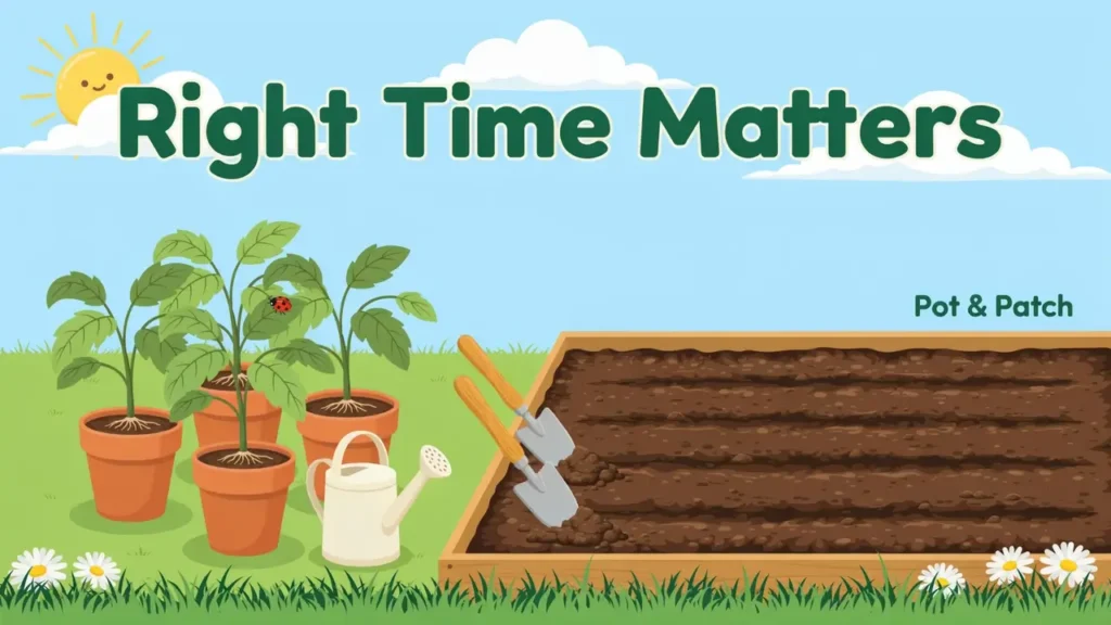 Cartoon illustration showing healthy tomato seedlings ready for transplant outdoors