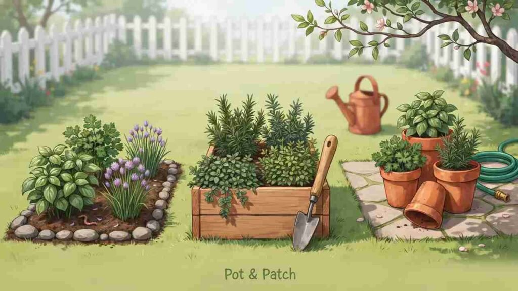 Herb Gardening for Beginners: Simple Guide to Get Started 3 Herbs growing in an in-ground garden bed, raised bed, and patio containers
