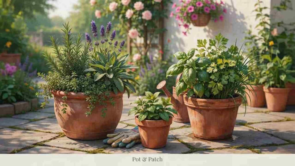 Herb Gardening for Beginners: Simple Guide to Get Started 6 Compatible herb groups growing together with mint kept separately in its own container