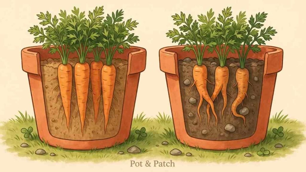 Straight carrots in loose soil compared with forked carrots growing around compacted soil and stones