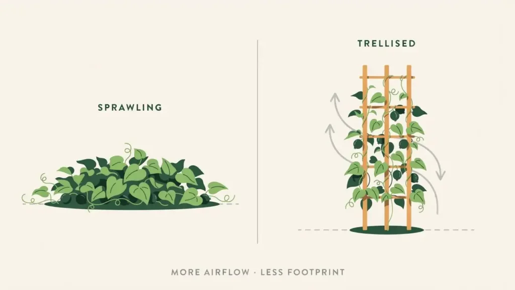 Vertical Vegetable Garden: Ideas, Best Crops & Setup Tips 2 Comparison of a sprawling ground plant and a vegetable trained upward on a trellis