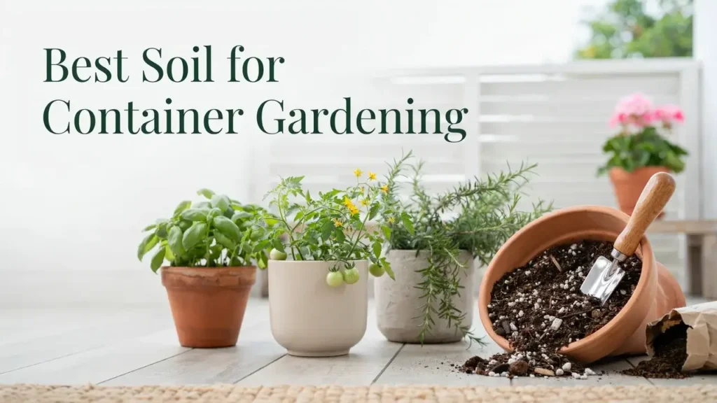 Best Soil for Container Gardening: Easy Potting Mix Guide 4 Loose potting mix with perlite and organic material beside healthy plants growing in outdoor containers.