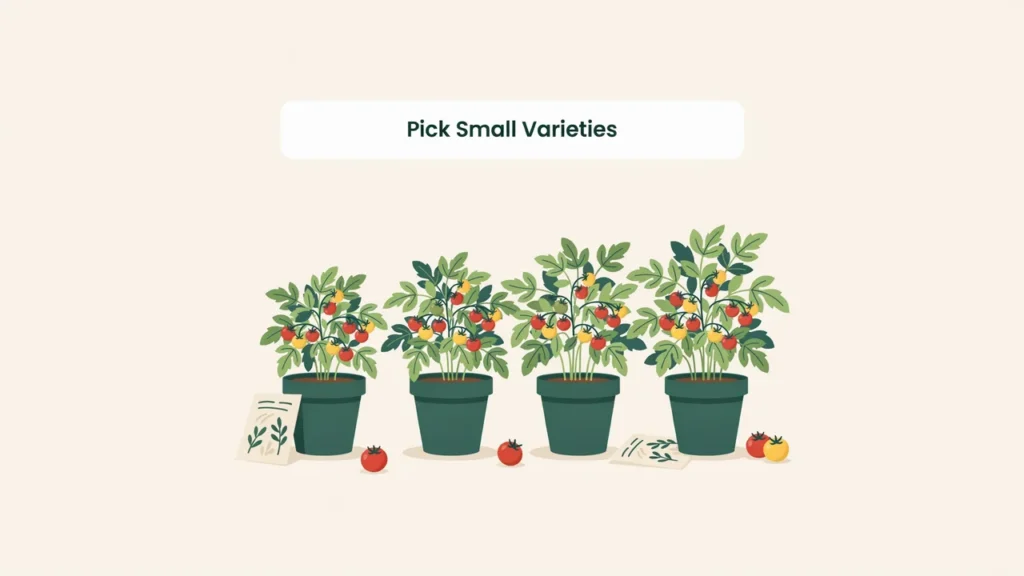 Row of small micro-dwarf tomato plants in pots of different sizes indoors