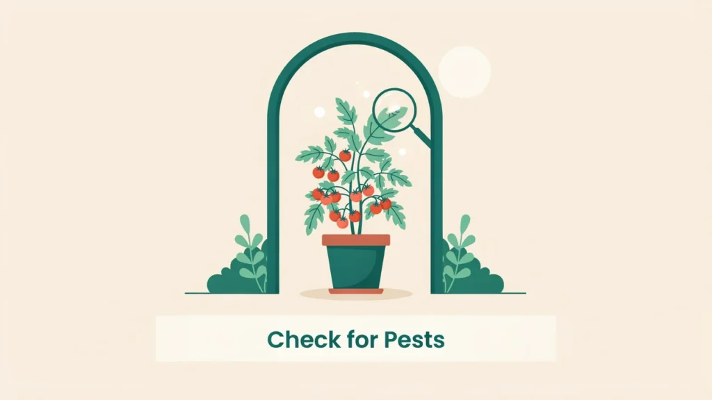 Gardener moving a potted tomato plant indoors and inspecting leaves for pests