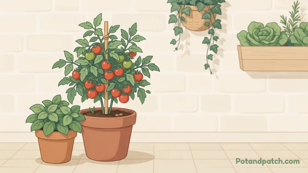 Easy Vegetables to Grow: 12 Best Choices for Beginners 5 Cherry tomato plant growing in a container for a small-space garden