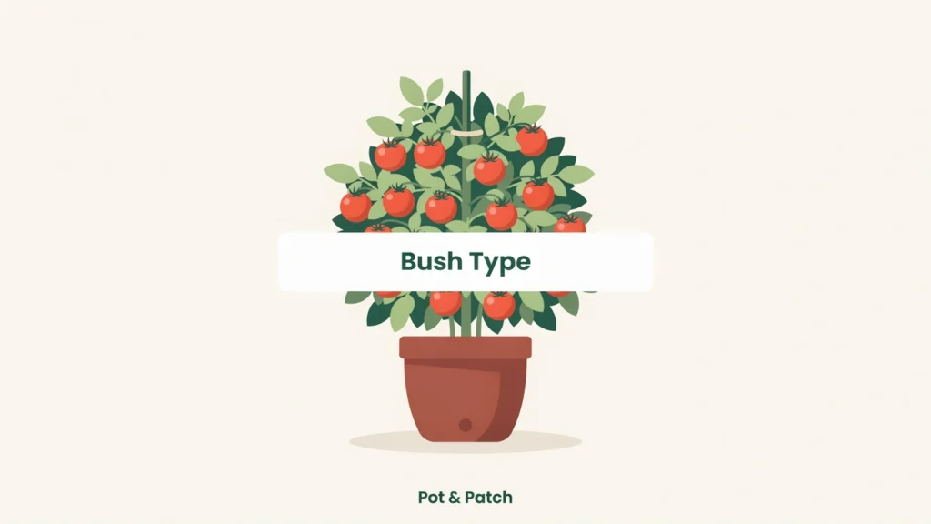 Determinate vs Indeterminate Tomatoes: What's the Difference? 2 Compact bush determinate tomato plant in a pot with a full flush of ripe fruitCompact bush determinate tomato plant in a pot with a full flush of ripe fruit